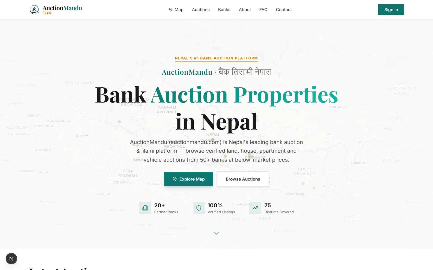 Auctionmandu website with bank auction search and location filters