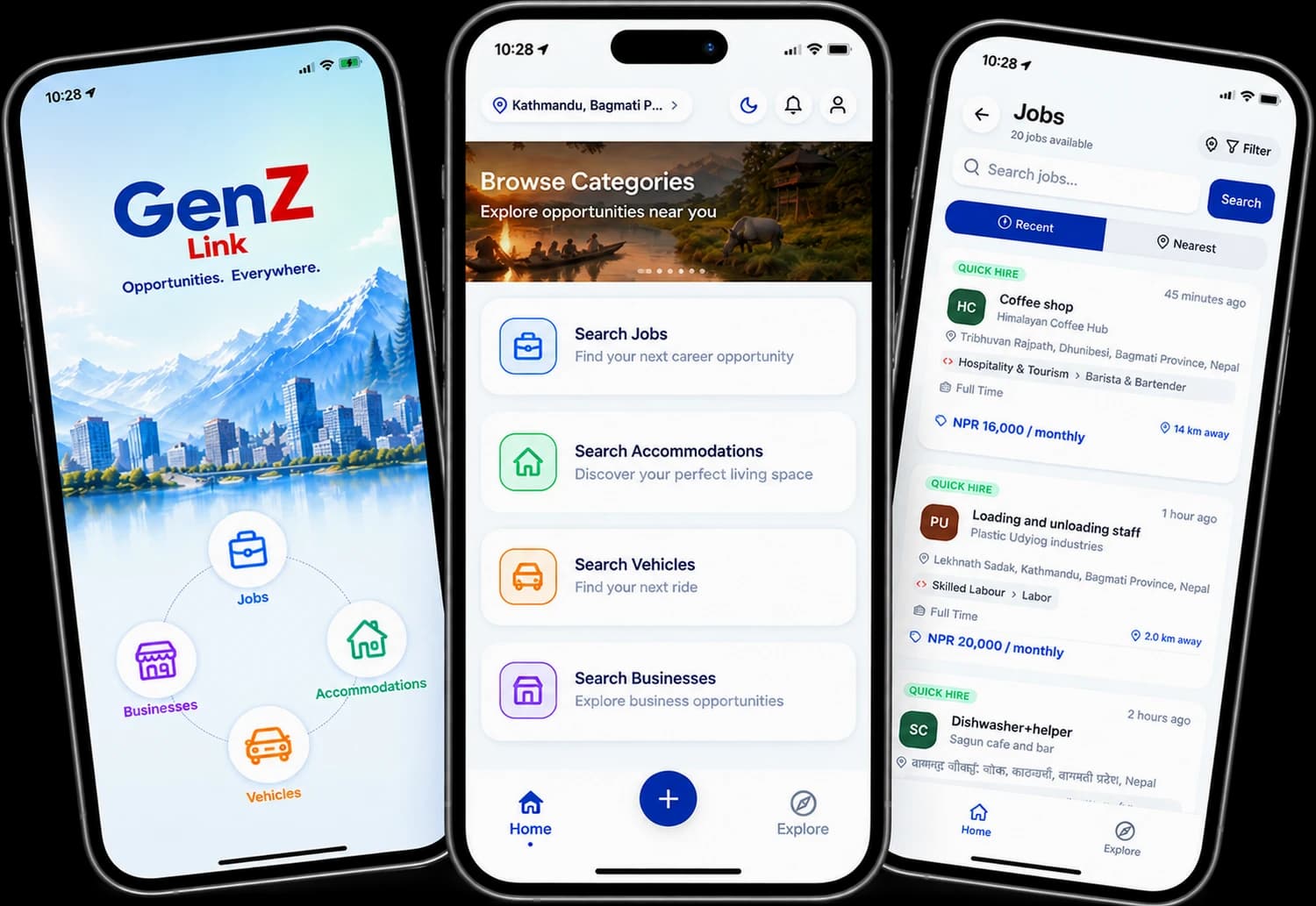 Genzlink mobile app: welcome, discovery categories and nearby job listings